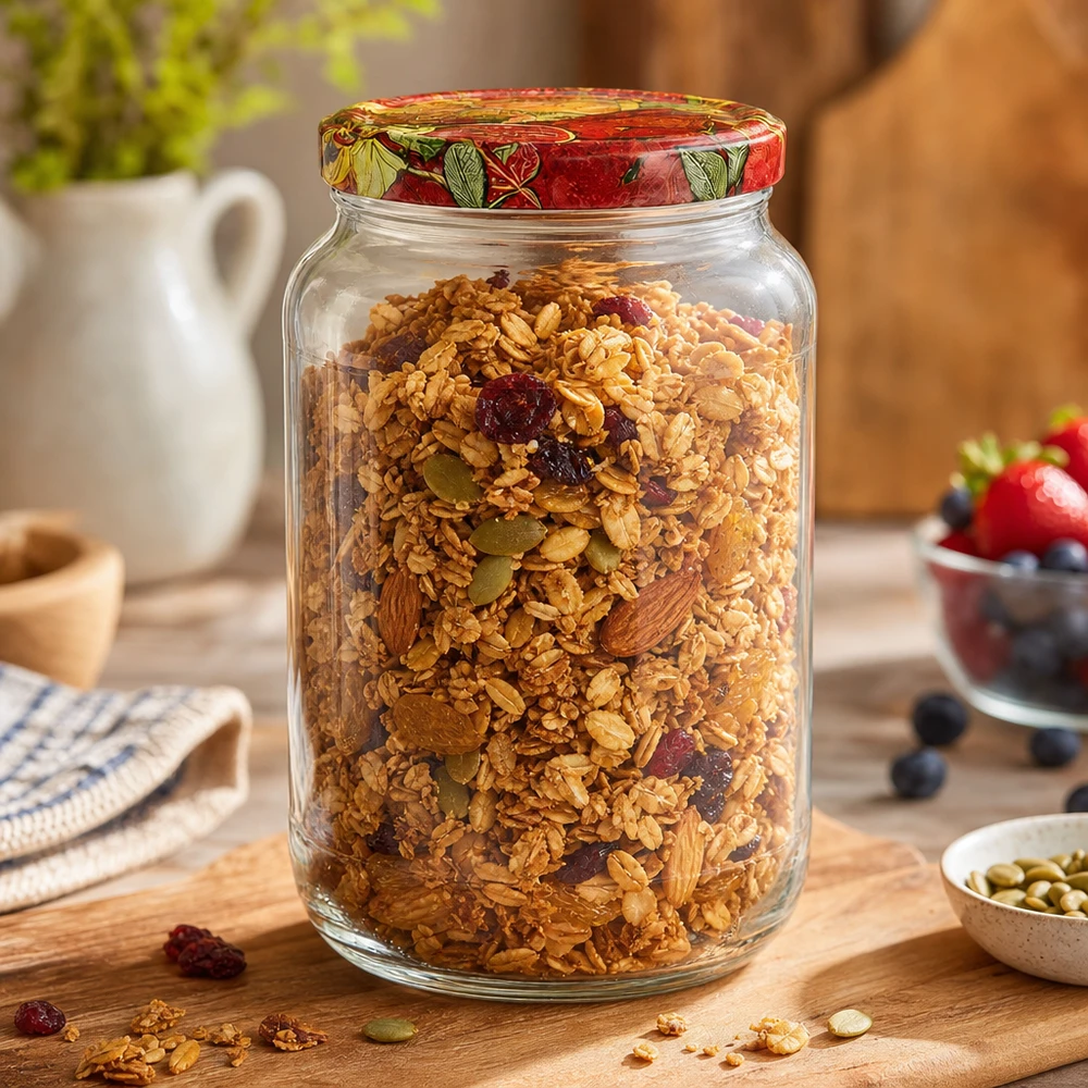 1062ml Rundglas + BasicSeal Deckel Obst-Dekor UNiTWIST 1062ml Rundglas BasicSeal Deckel Obst-Dekor gefüllt mit Müsli Granola Nüsse Trockenfrüchte Frühstück Vorratsdose