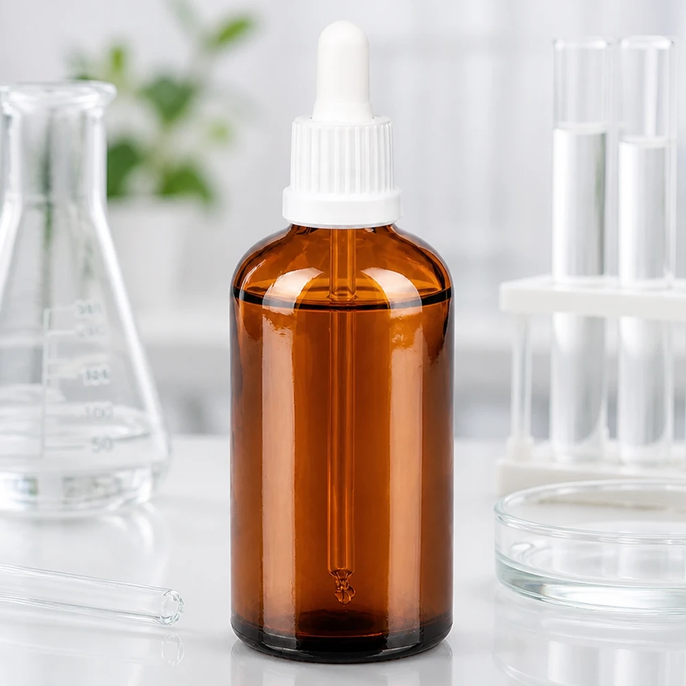 Flacone dosatore da 100 ml in vetro ambrato protetto dai raggi UV con attacco per pipetta ergonomico bianco