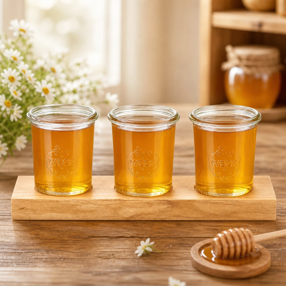 Tagliere Plano3 con 3 vasetti Weck da 160 ml Tre tumbler Weck da 160 ml con miele dorato su un tagliere Plano3, accanto a un cucchiaio da miele e a una decorazione floreale.
