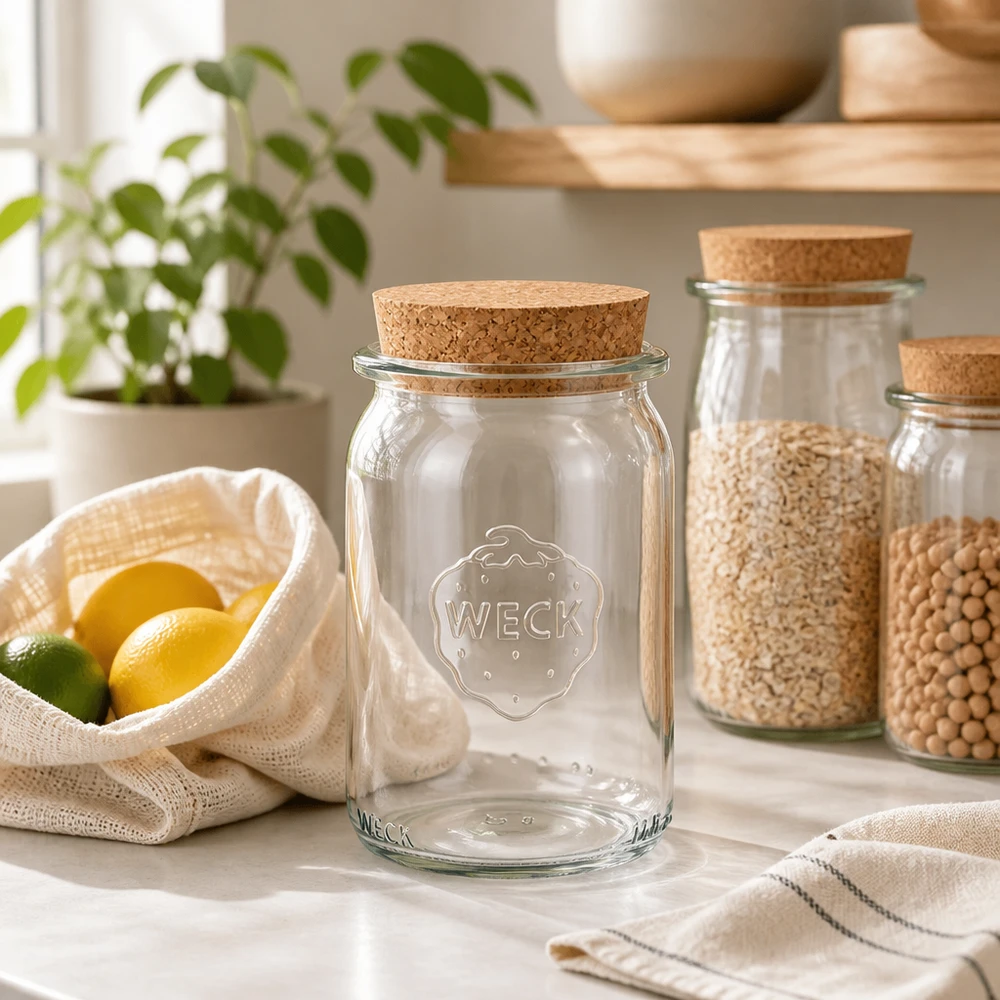 Barattolo cilindrico da 145 ml WECK RR40 con tappo in sughero naturale WECK 145ml vaso cilindrico RR40 vuoto con coperchio in sughero in cucina sostenibile a rifiuti zero accanto a legumi e agrumi
