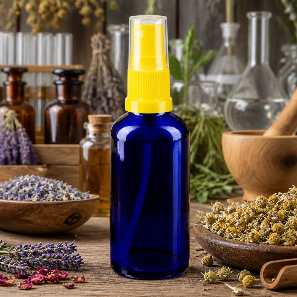 Apothekenflasche blau 50ml Sprayaufsatz gelb Hochwertige 50ml Blauglasflasche mit Sprühpumpe gelb für pharmazeutische Anwendungen
