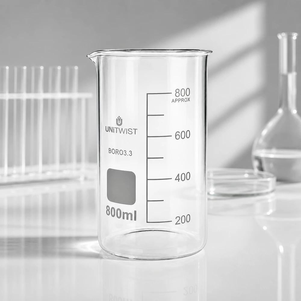 Bicchiere 800ml borosilicato, stampo alto UNITWIST UNITWIST Bicchiere da laboratorio in borosilicato da 800 ml, modello alto, vuoto, con scala di misurazione su fondo bianco