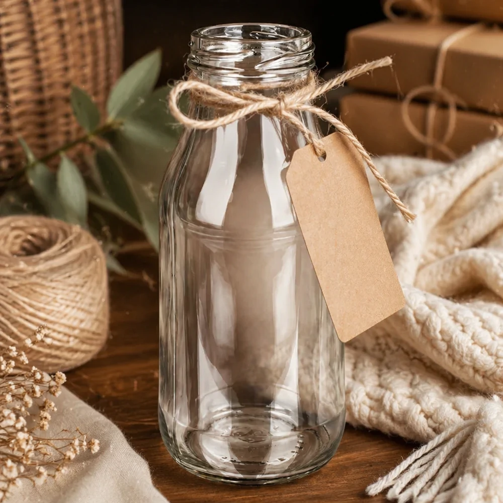Bottiglia di vetro 263ml TO43 UNiTWIST Bottle263 con corda di iuta e ciondolo su tavolo di legno con decorazione