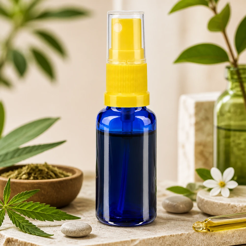 Apothekenflasche blau 20ml Sprayaufsatz gelb Miniatur Apothekersprayflasche blau 20ml gelber Aufsatz lichtgeschütztes Borosilikatglas