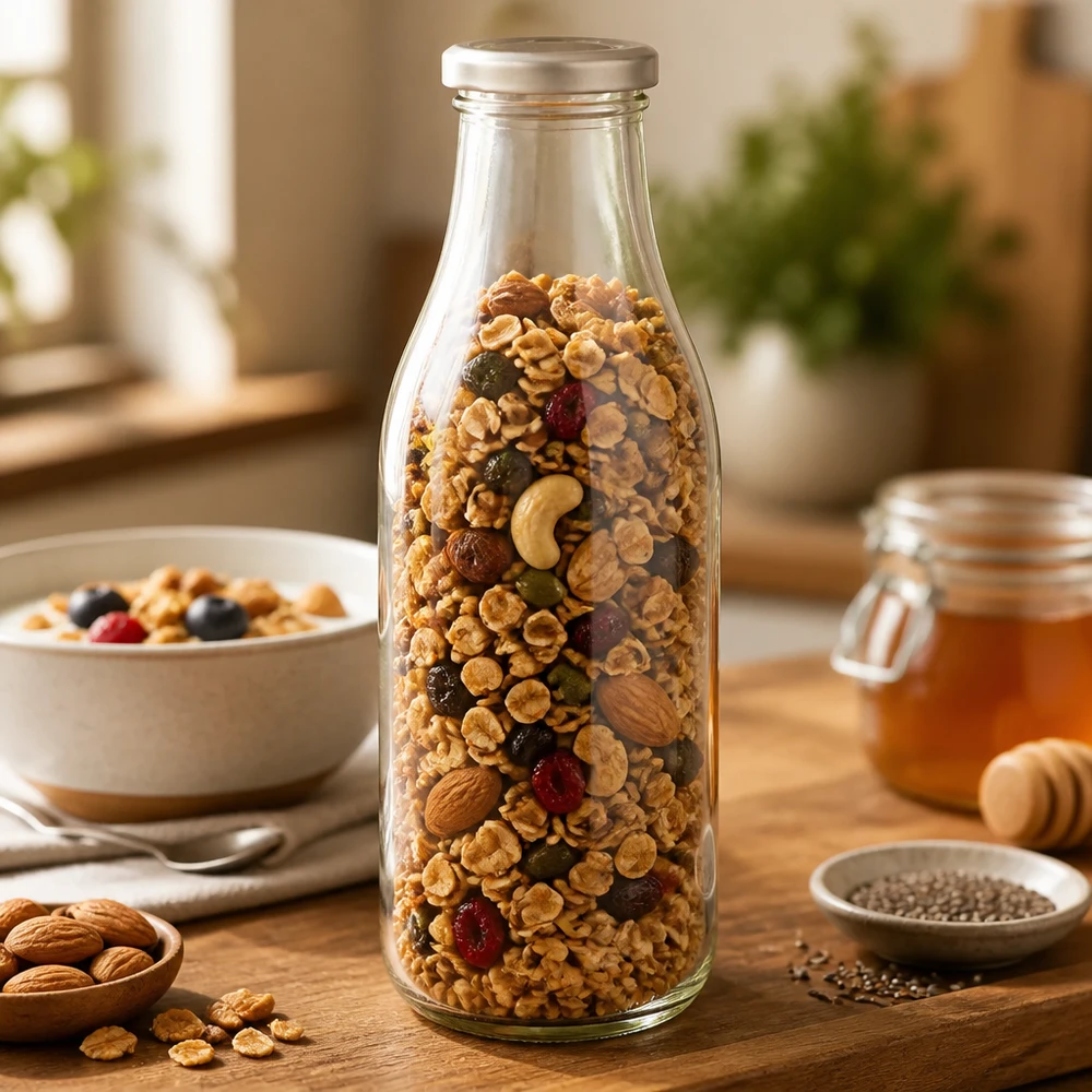 Bottiglia di vetro da 1000 ml + coperchio BasicSeal argento UN.. Bottiglia da 1000 ml in vetro BasicSeal silver riempita con noci muesli e frutta secca per la conservazione di alimenti secchi.