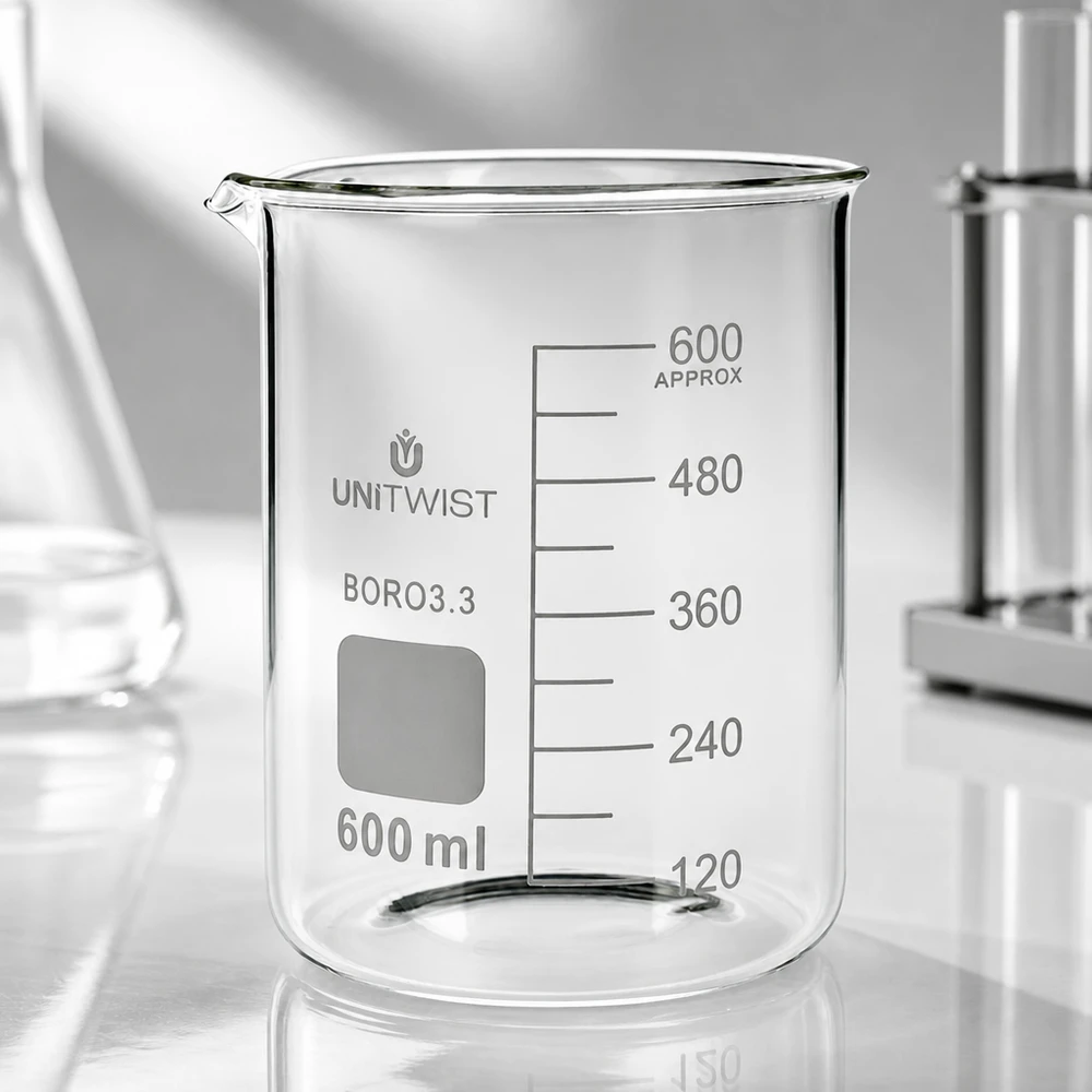 Bicchiere da 600 ml in borosilicato, stampo basso UNiTWIST Bicchiere UNiTWIST da 600 ml in vetro borosilicato trasparente con scala di misurazione da 120 a 600 ml, forma bassa