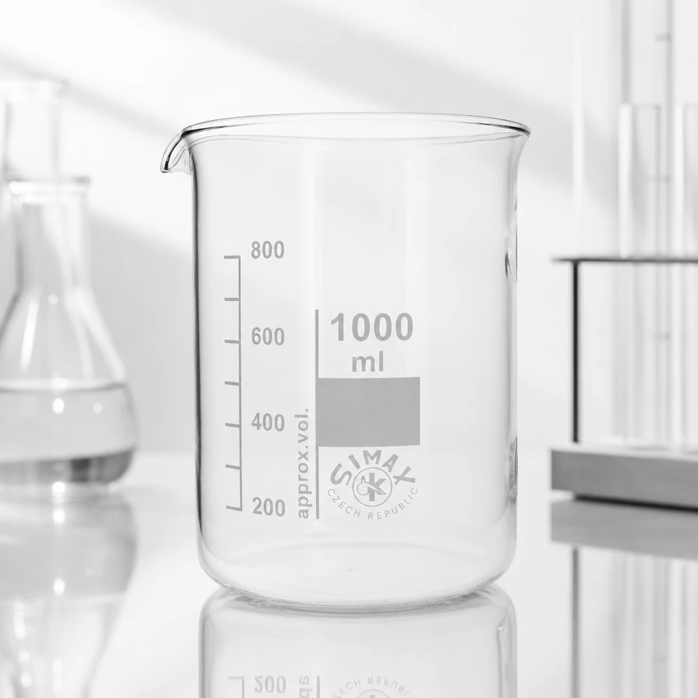 Bicchiere 1000ml in vetro borosilicato, forma bassa Bicchiere trasparente da 1000 ml con beccuccio di versamento e indicatori di volume per misurazioni precise