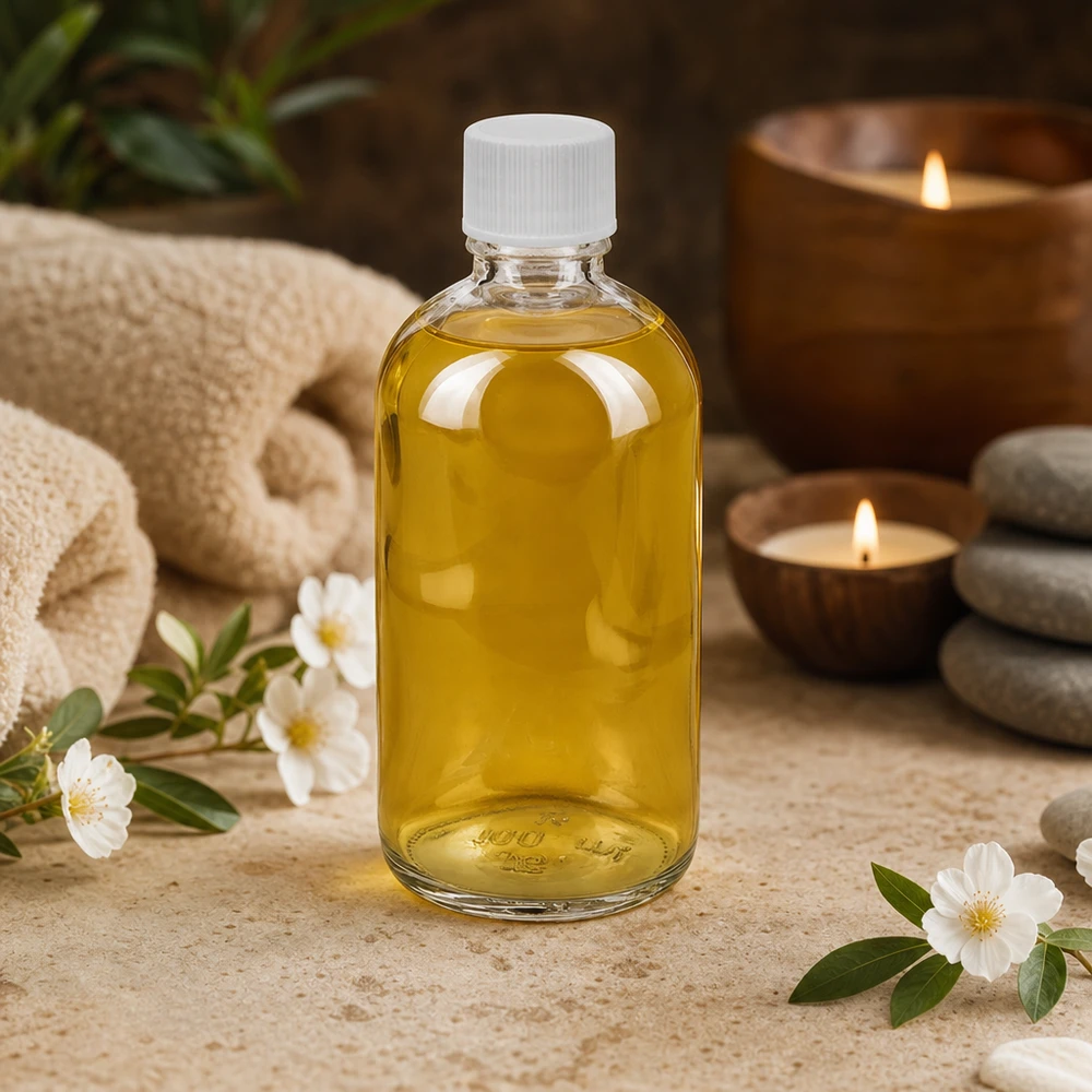 Olio da massaggio in flacone di vetro trasparente da 100 ml con tappo di sicurezza bianco SV 11 mm STD