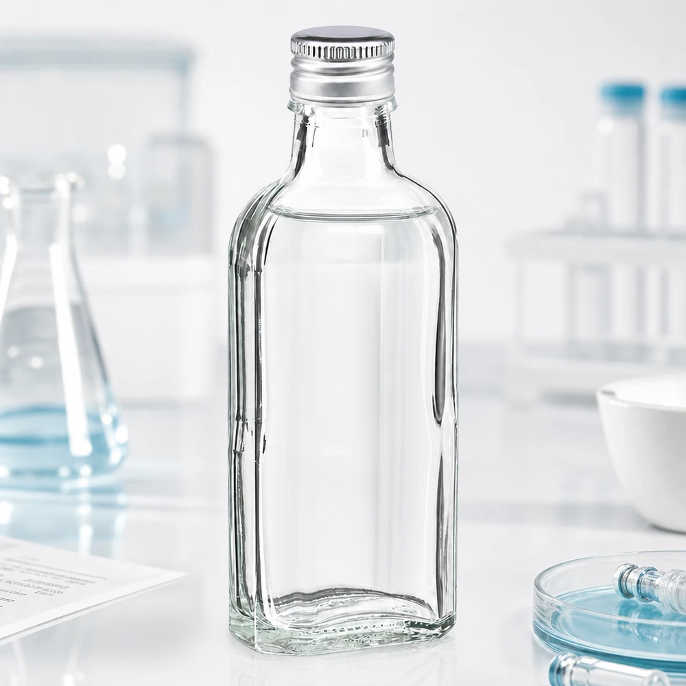 Leere 100ml Meplat Klarglasflasche mit silberfarbenem Aluminiumverschluss PP22 für Kosmetik