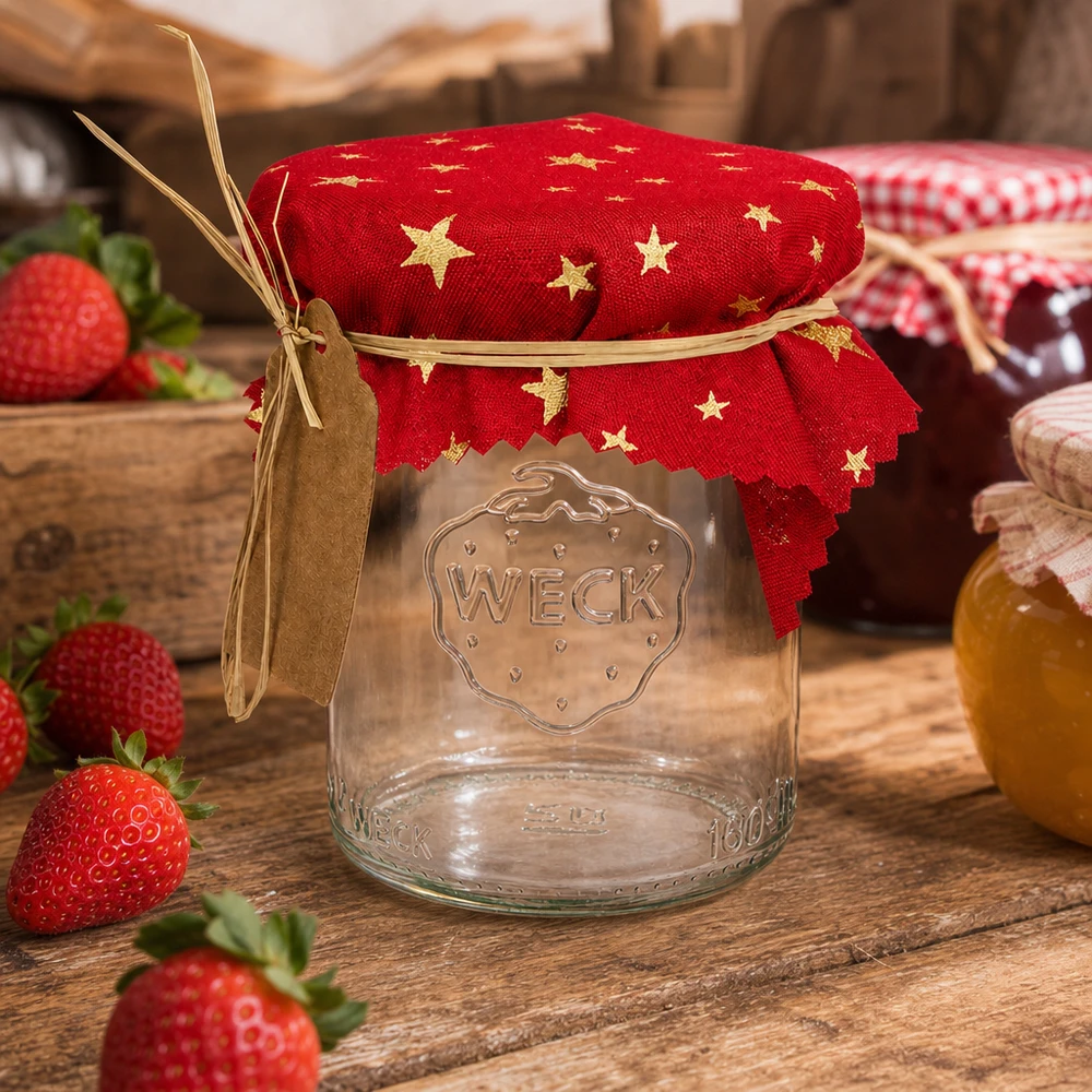 Centrino per gioielli in tessuto rosso "stelle" 12cm quadrato Dekoratives Schmuckdeckchen rot Sterne auf Einmachglas mit Erdbeeren rustikale Küchendeko Landhausstil 12cm