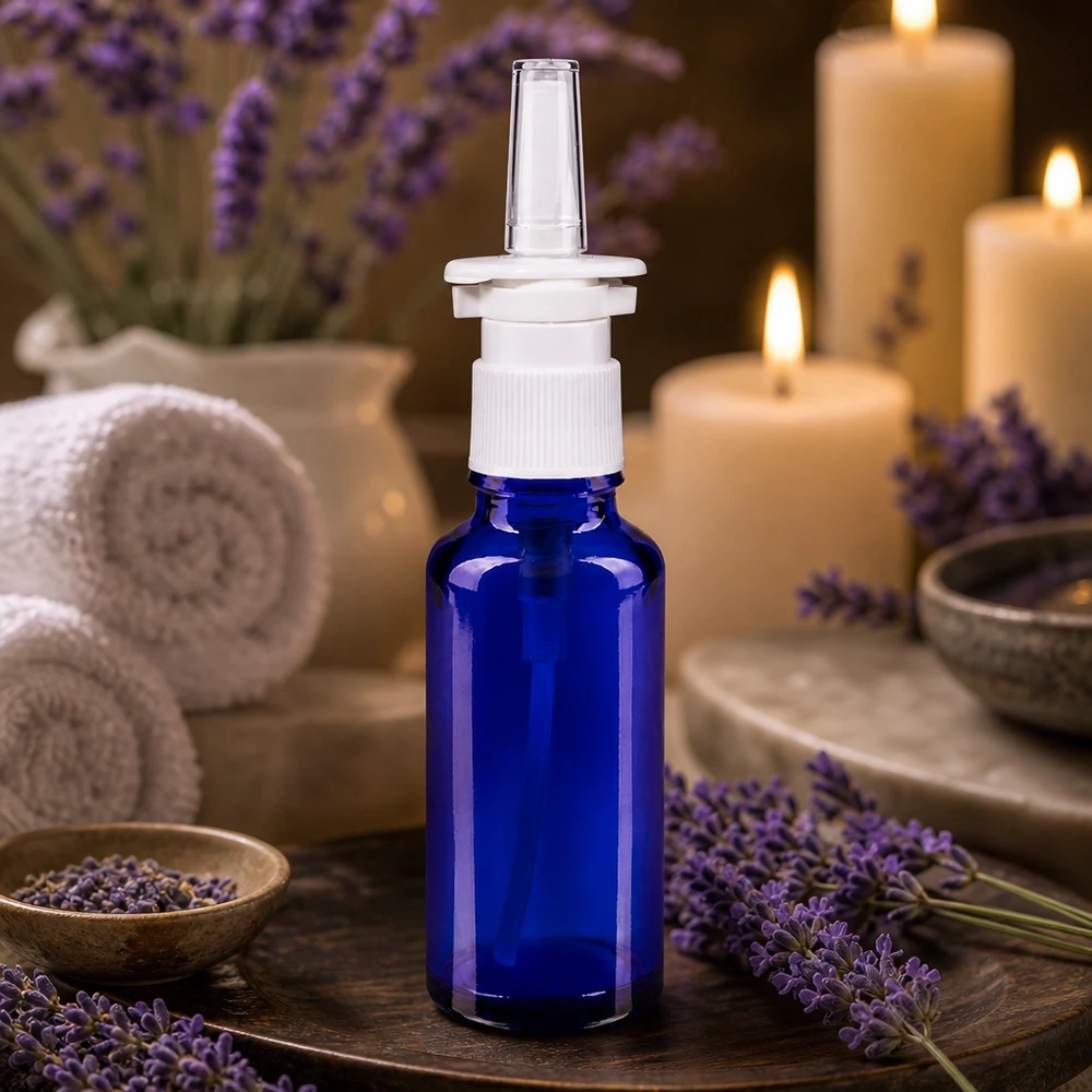 Lichtschutz-Nasensprayflasche 30ml aus blauem Glas mit weißem Pumpkopf und klarer Applikator