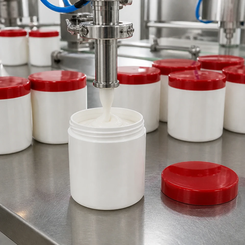 Pot à onguent blanc 75 g avec couvercle rouge (PP) Plusieurs bocaux blancs en PP de 75 g avec des couvercles rouges sur un convoyeur de remplissage industriel