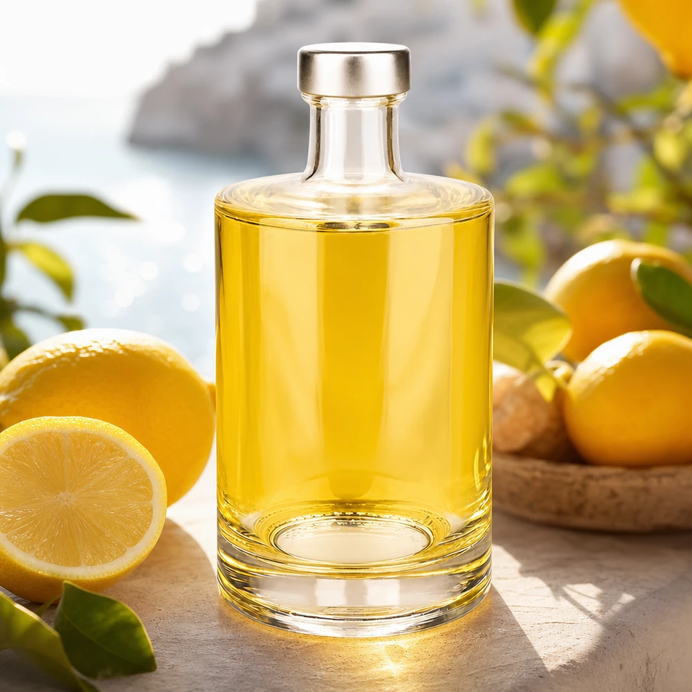 Bottiglia in vetro da 500 ml Sam e tappo a vite argento UNiTWIST® Bottiglia di vetro da 500 ml Sam riempita di liquido giallo accanto a limoni su un tavolo di legno Applicazione dello stile di vita