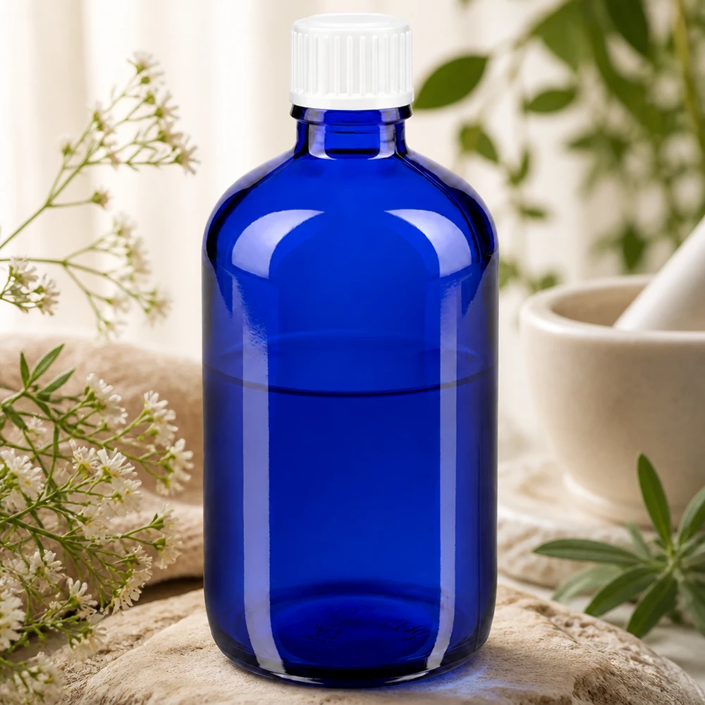 UV-Schutz Glasflasche blau 100ml Standard-Apothekerflasche mit weißem Kunststoffverschluss