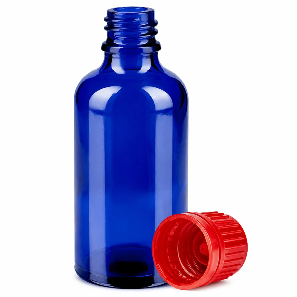 50ml Flasche 11mm Schraubverschluss rot Originalitätsverschluss BlueLine UT18/50 50ml Präzisionsflasche Glas blau mit rotem Schraubverschluss 11mm SV OV BlueLine