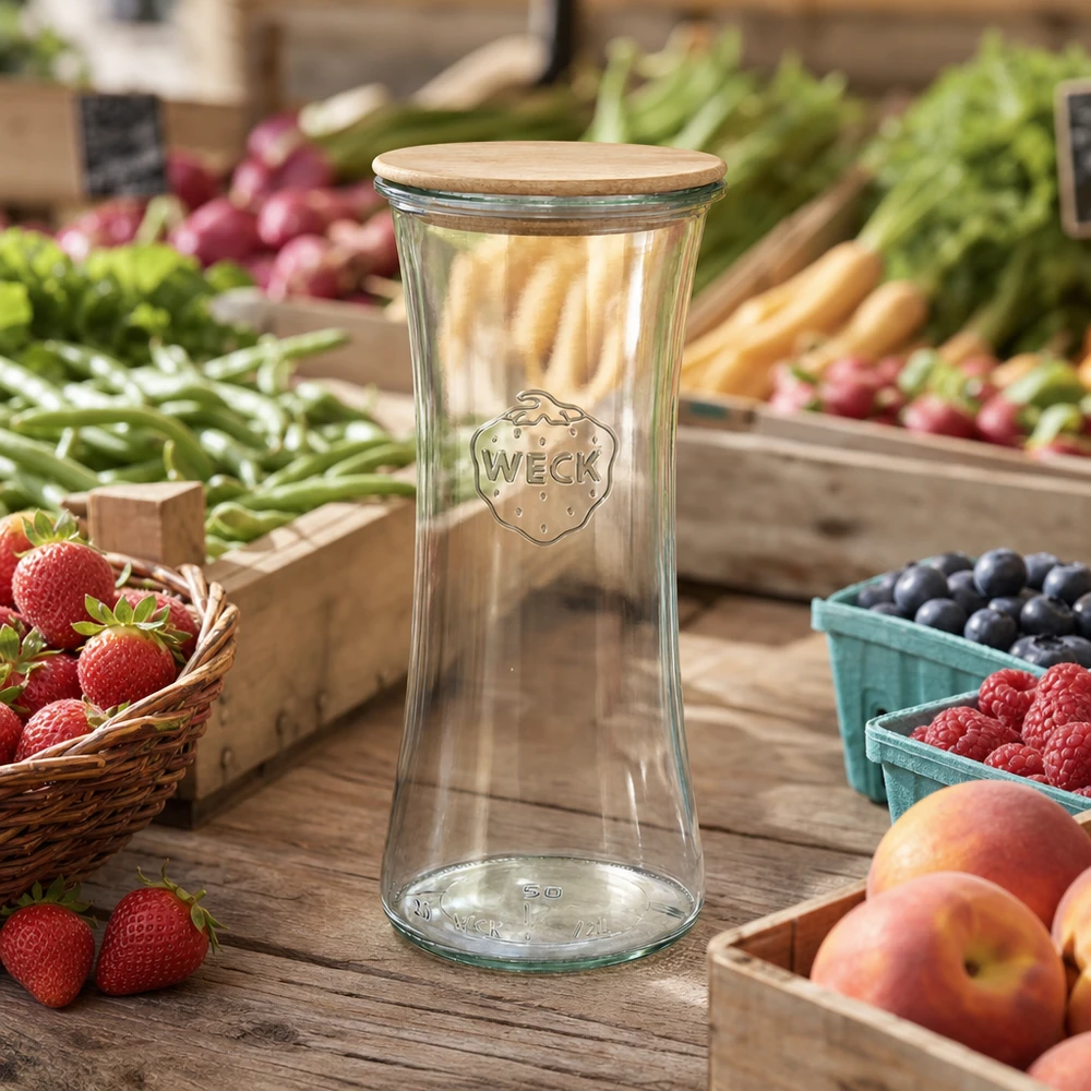 700ml Delikatessenglas WECK RR80 mit Holzdeckel WECK Delikatessenglas 700ml RR80 mit Holzdeckel auf Wochenmarkt zwischen frischem Obst und Gemüse natürliche Umgebung