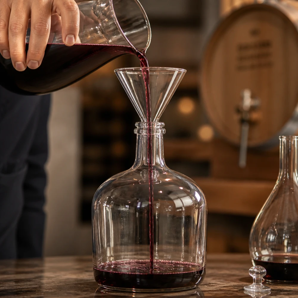 Imbuto Ø 60mm calce sodata, angolo 60°, stile corto Imbuto in vetro soda-lime trasparente con impugnatura corta e compatta per facilitare la decantazione.