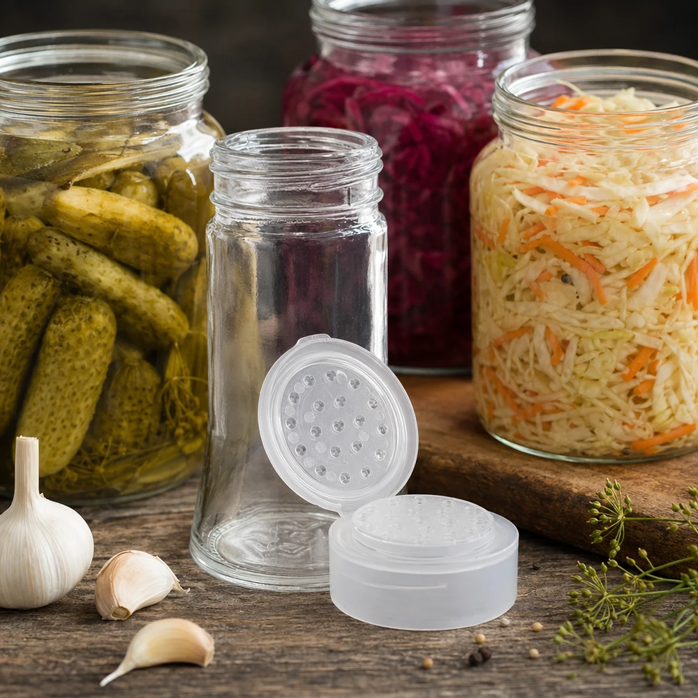 Pot à sel/épices 95 ml avec saupoudreuse, blanc Kompaktes Streuglas 95ml mit weißem Deckel und Streuöffnungen in Küchenanwendung