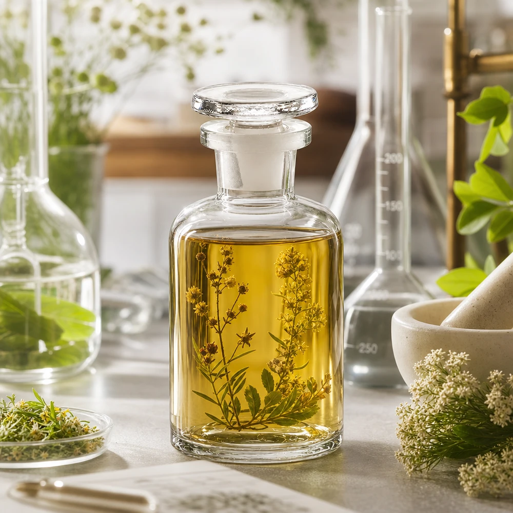 Bottiglia di vetro contenente olio alle erbe, a spalla arrotondata e collo stretto, da 50 ml, con tappo, su un tavolo da laboratorio