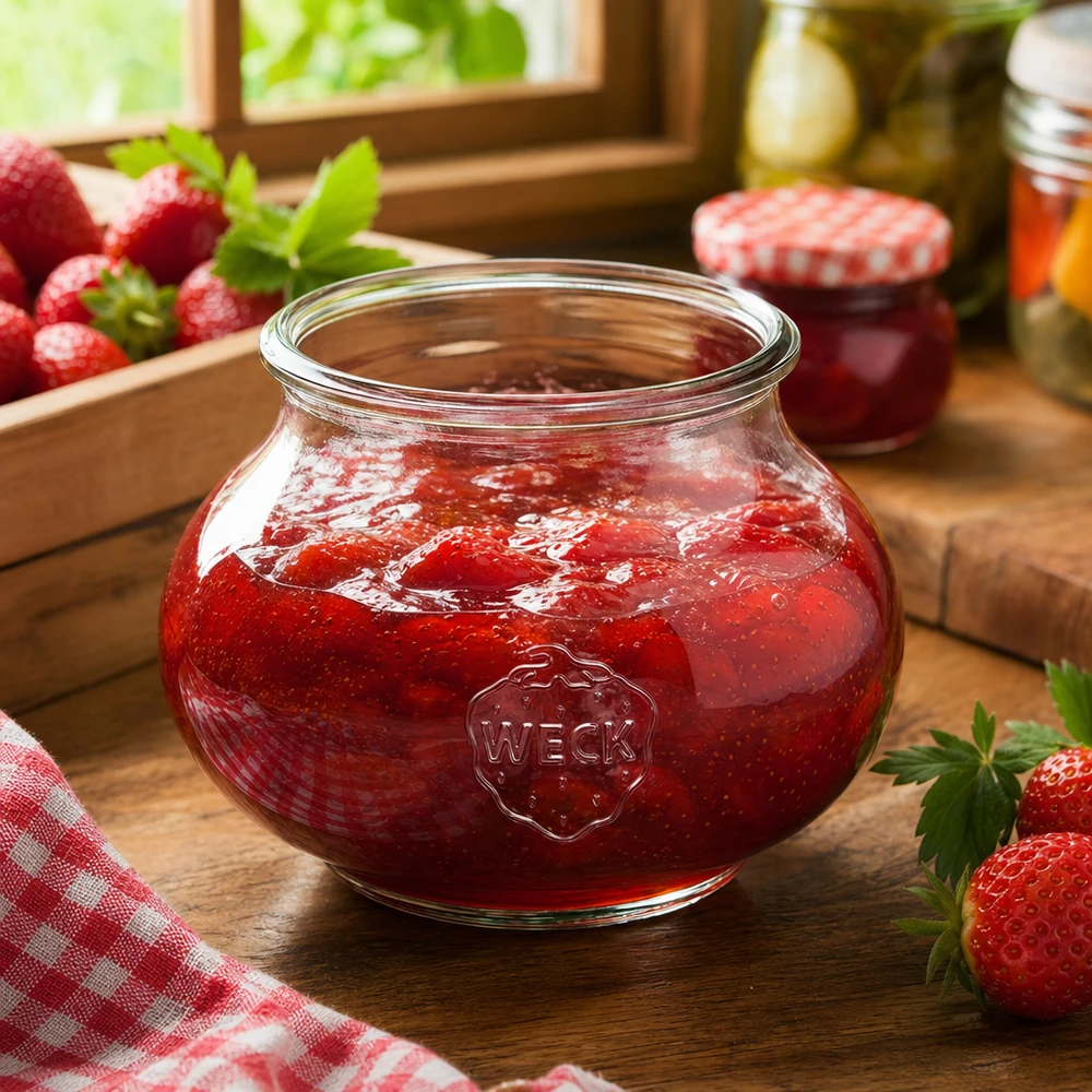 Barattolo di vetro decorativo WECK RR80 da 560 ml Vaso decorativo WECK da 560 ml RR80 pieno di marmellata di fragole in una cucina rustica con fragole fresche e barattoli da conserva