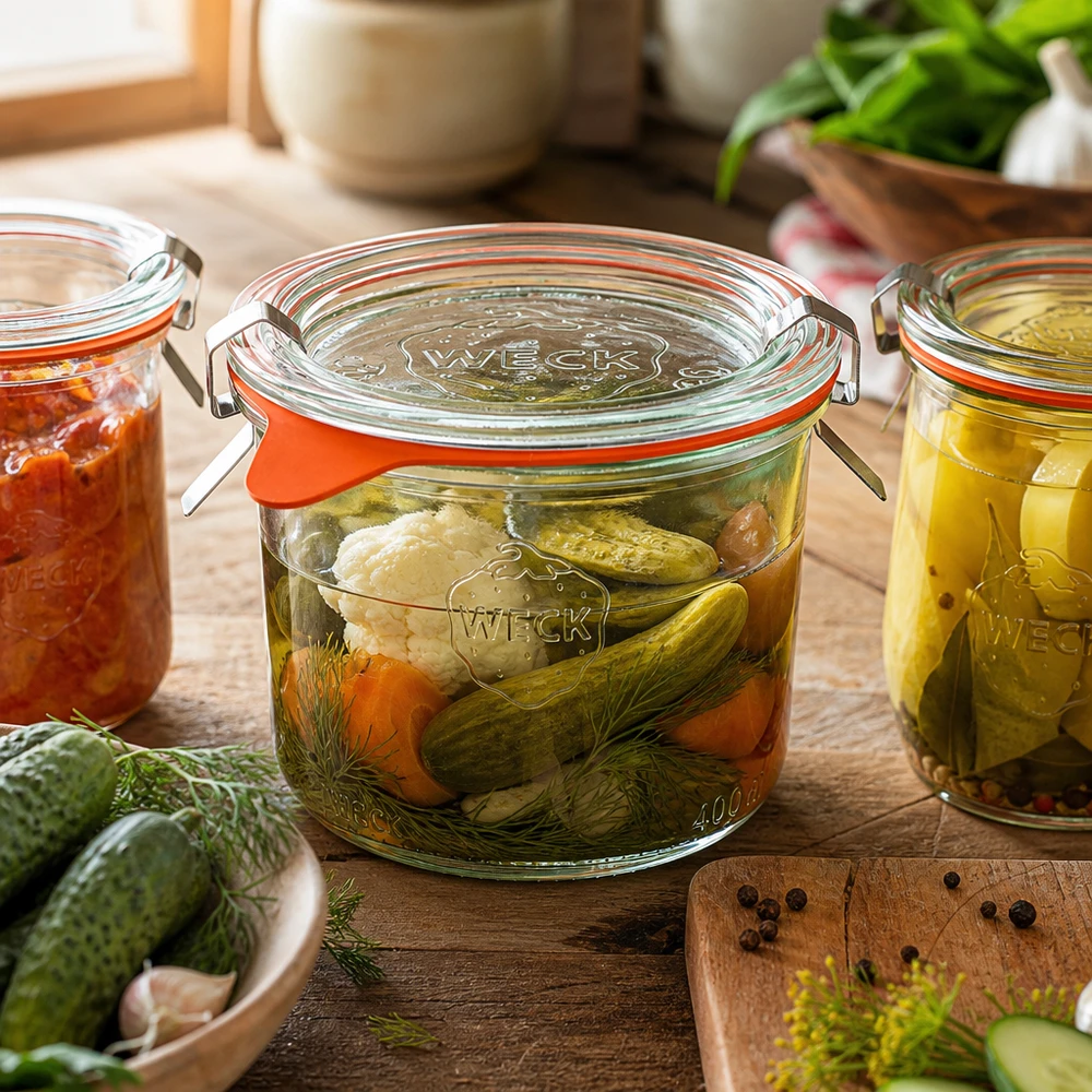 200ml Sturzglas komplett WECK RR80 WECK 200ml Einmachglas RR80 beim Einkochen von Gemüse und Gurken in rustikaler Küche mit Dill und Gewürzen