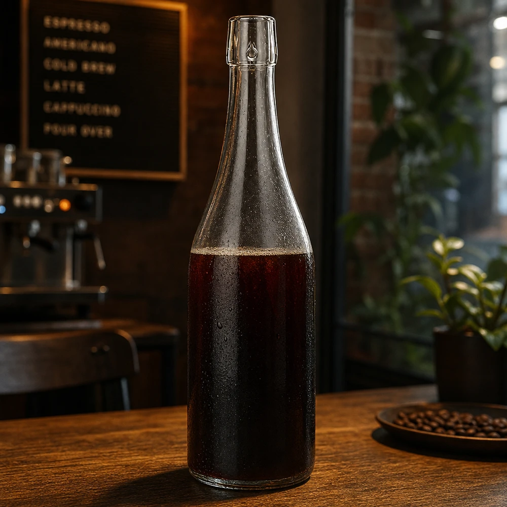 Bottiglia in vetro da 750 ml senza tappo UNiTWIST 750ml UNiTWIST Glasflasche mit Cold Brew Kaffee befüllt auf Holztisch in stylischer Café Atmosphäre Anwendung