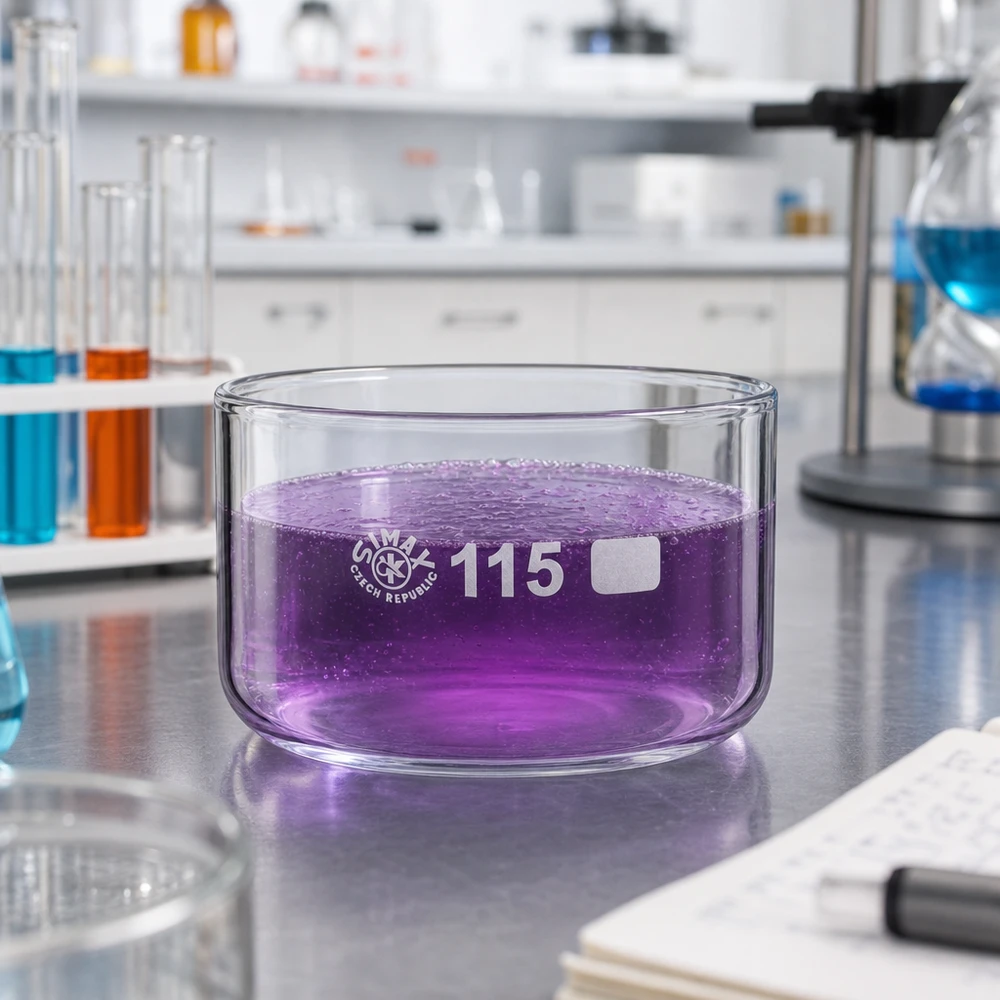 Coupelle de cristallisation 500 ml sans bec verseur Cuve de cristallisation SIMAX de 500 ml contenant une solution violette de permanganate de potassium, dans un laboratoire, posée sur une table en acier inoxydable