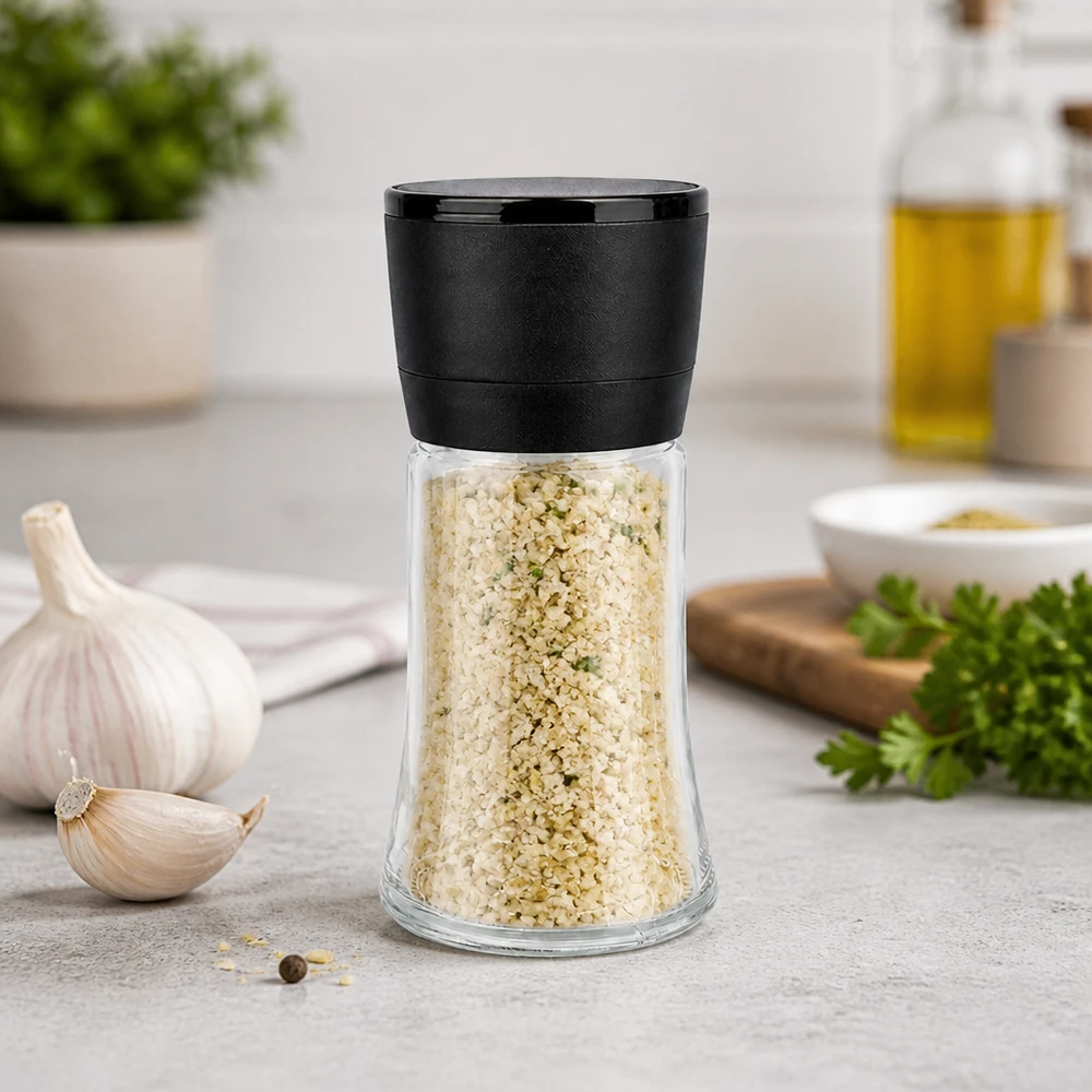 Pot à sel/épices 95 ml avec moulin Vario noir Kompakte Salzmühle 95ml schwarze Vario-Kappe mit Kräutersalzfüllung und Knoblauch im Hintergrund
