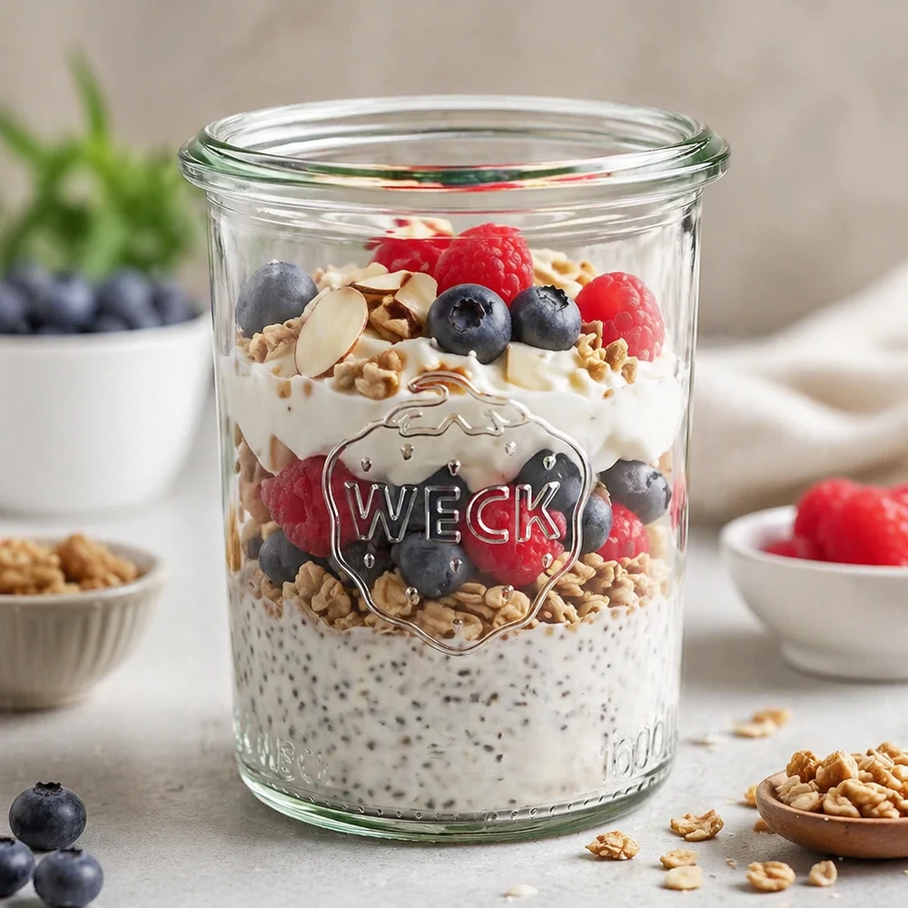 Barattolo da 160ml WECK RR60 WECK 160ml RR60 mason jar riempito con chia pudding frutti di bosco e noci come idea per una sana colazione