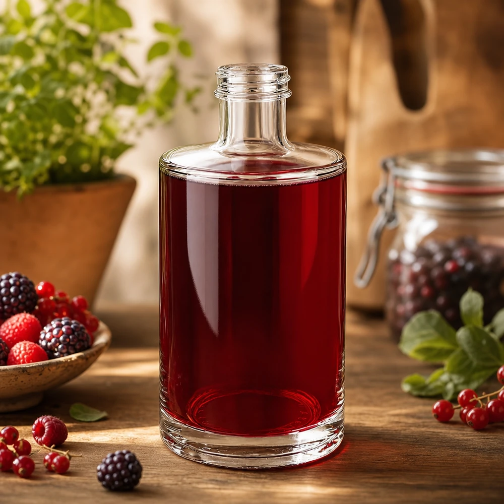 Bottiglia in vetro da 375 ml Sam riempita con succo di bacche rosse circondato da lamponi freschi, more e ribes.