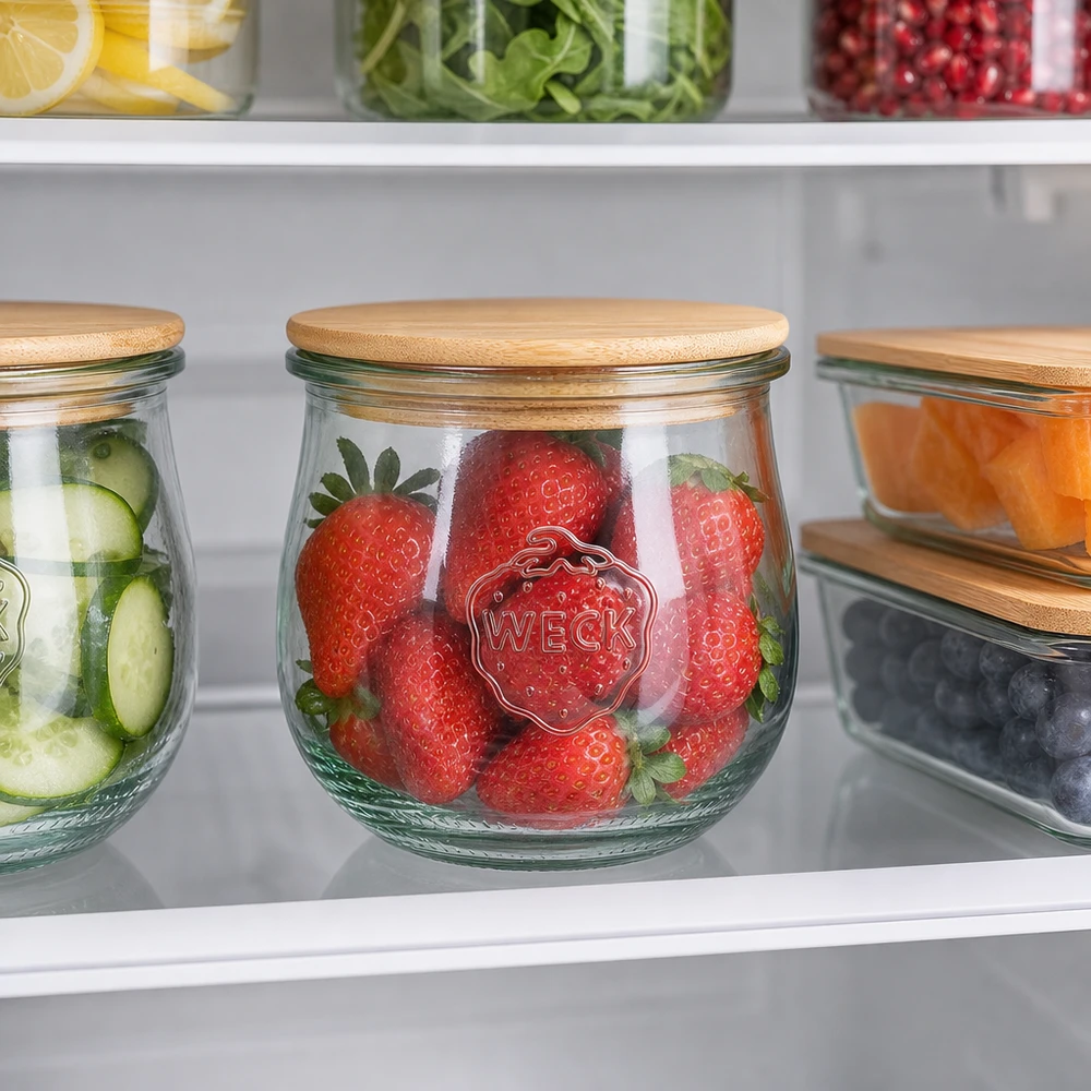 370ml Tulpenglas WECK RR80 mit Holzdeckel WECK Tulpenglas 370ml RR80 mit Holzdeckel zur Aufbewahrung von Erdbeeren und Gurken im Kühlschrank organisiert