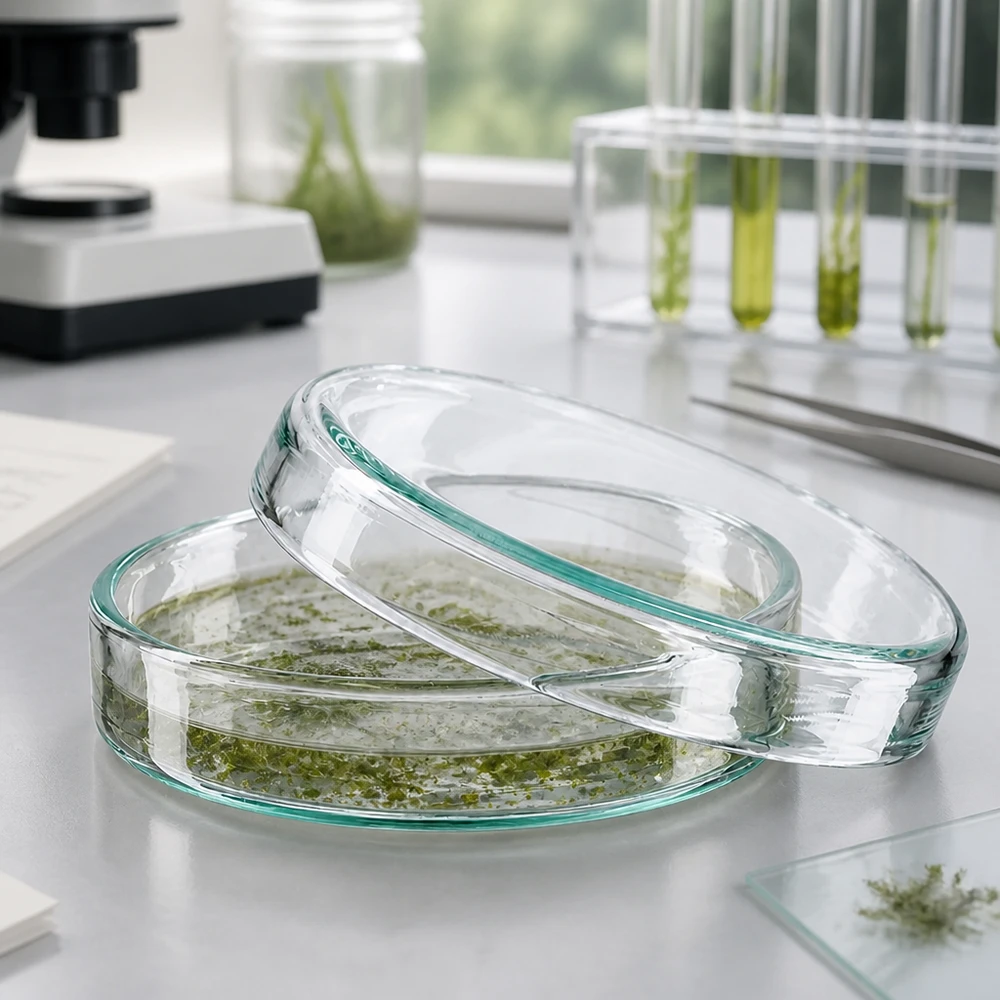 Boîte de Pétri en verre 60x15 mm Boîte de Pétri en verre borosilicaté de 60 x 15 mm, ouverte, contenant une culture d'algues vertes, posée sur une paillasse de laboratoire