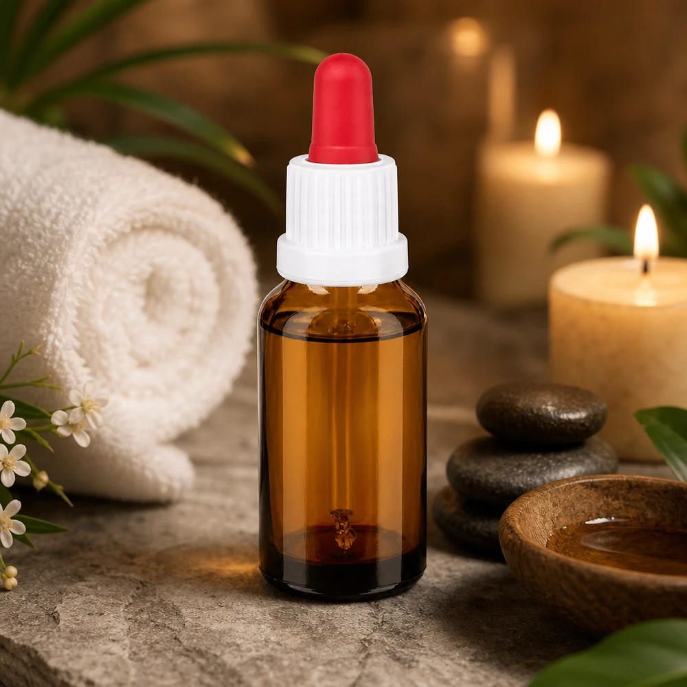 Elegante flacone in vetro da 20 ml con contagocce, ideale per miscele fai-da-te e trattamenti per la pelle.