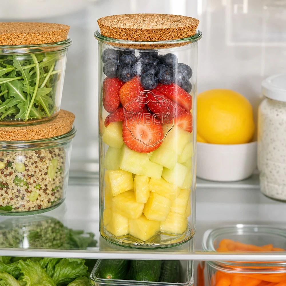 WECK Pot renversé 1500ml RR100 Réfrigérateur Organisation Salade de fruits Baies Ananas Couvercle en liège Meal Prep Conservation de la fraîcheur