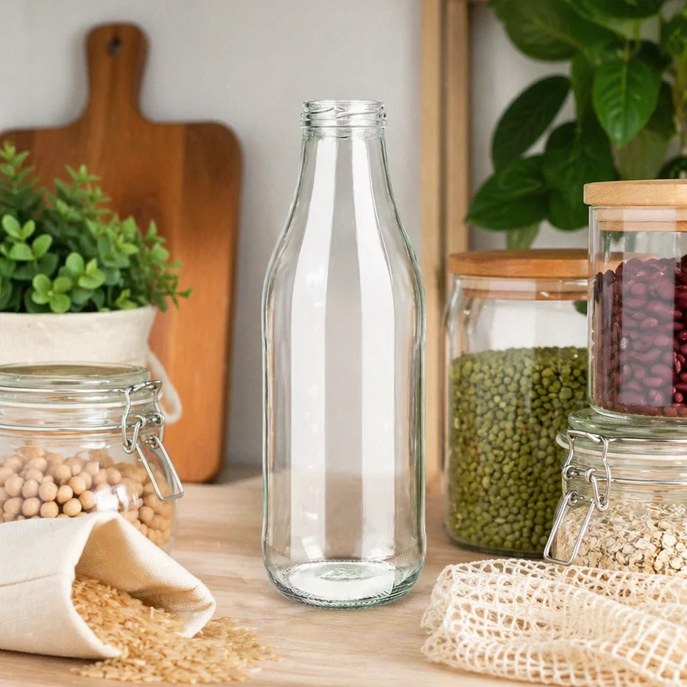 Bottiglia in vetro da 1000 ml TO48 UNiTWIST in cucina sostenibile a rifiuti zero con barattoli di stoccaggio e legumi