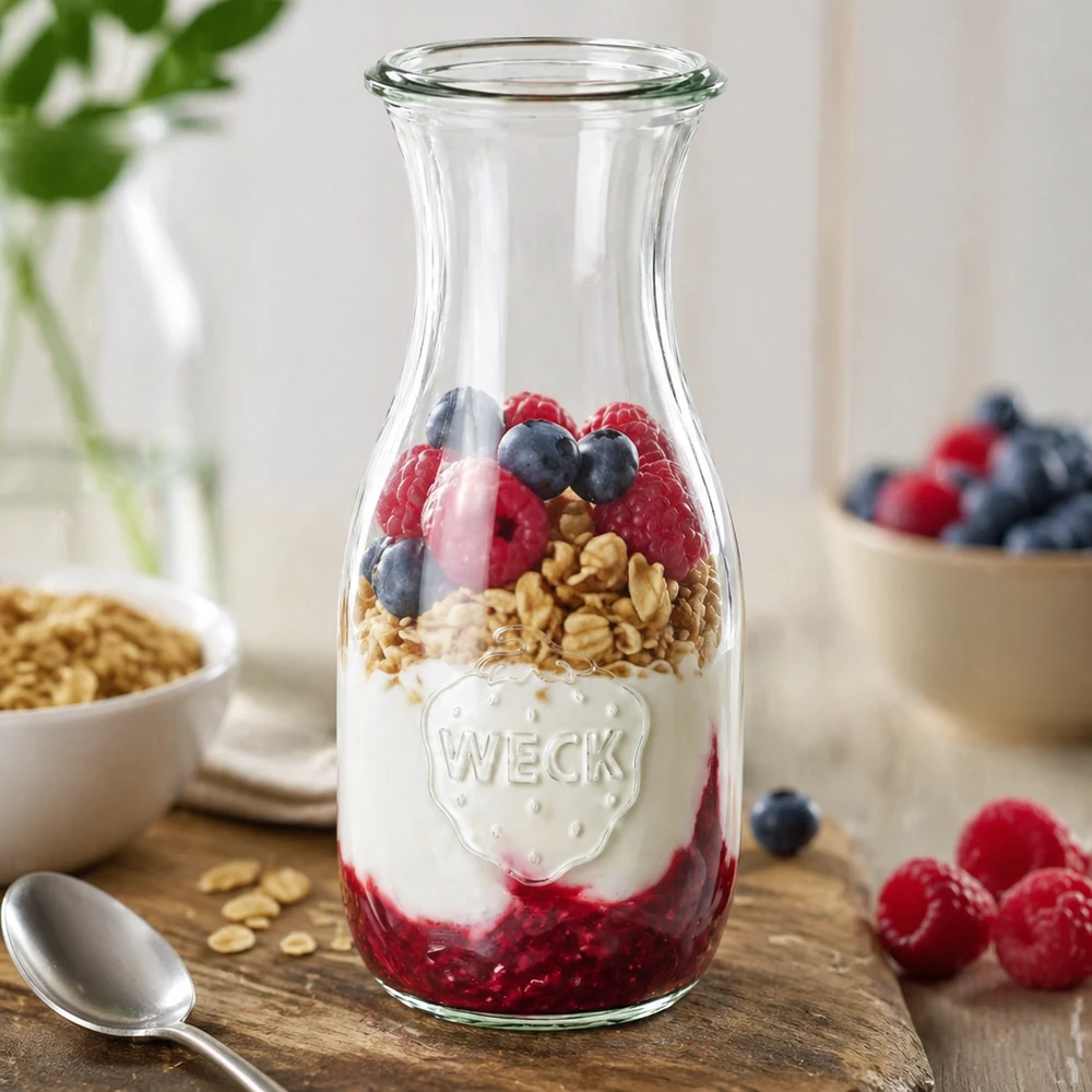 Bottiglia di succo WECK da 530 ml RR60 come ciotola per cereali riempita con yogurt, frutti di bosco e granola accanto a frutta fresca