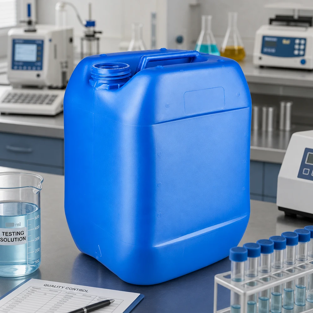 Blauer 10 Liter Kanister ohne Deckel für chemische Lösungen in der Laboranalyse