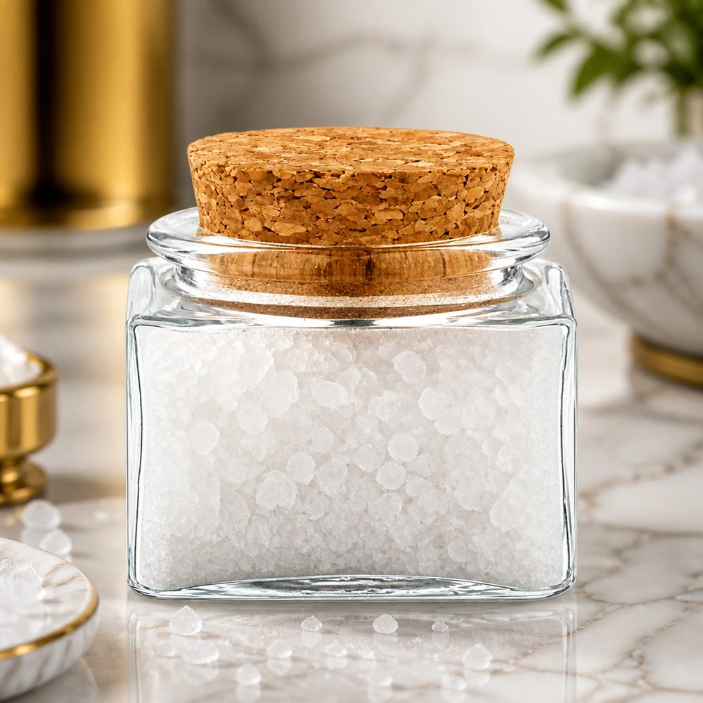 Mini vaso di vetro trasparente di forma quadrata con tappo in sughero, riempito con sale bianco a grana grossa