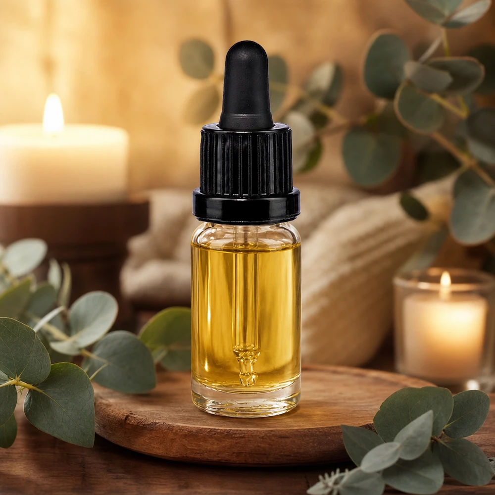 10ml Pipettenflasche schwarz Originalitätsverschluss ClearLine UT18/10 10ml Flakon mit Glaspipette schwarz befüllt mit gelbem Öl auf rustikalem Holzuntergrund