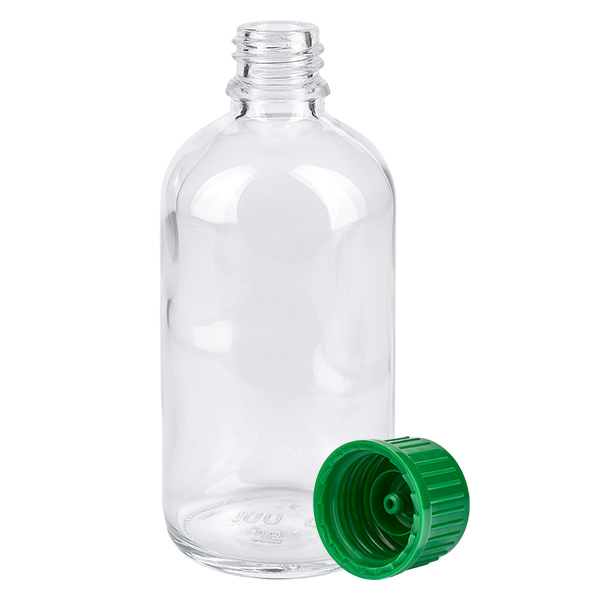 Bottiglia da 100ml 11mm SV verde STD ClearLine UT18/100 Flacone da farmacia trasparente ClearLine da 100 ml con tappo di sicurezza verde da 11 mm SV