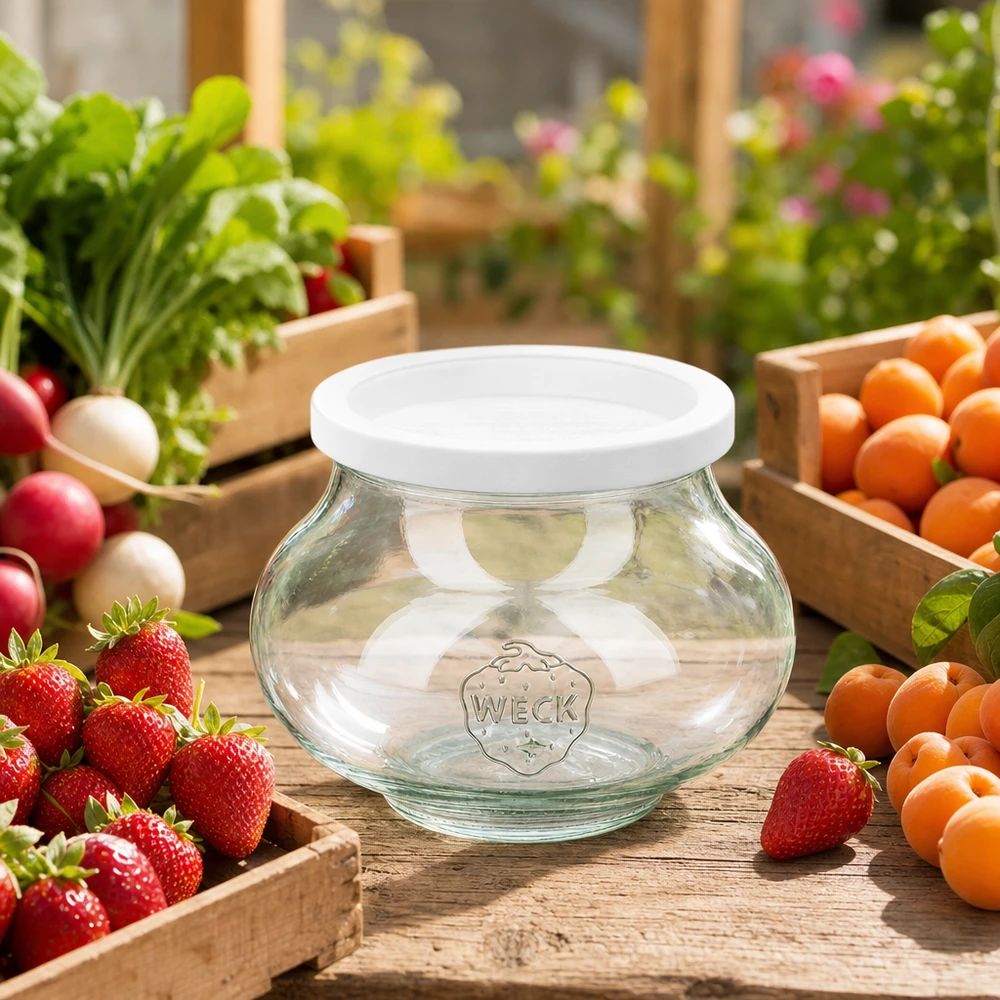 Bocal décoratif de 560 ml avec couvercle hermétique WECK RR80 WECK Vorratsglas 560ml RR80 leer zwischen frischen Früchten und Gemüse auf Holztisch im Garten als Aufbewahrungsglas