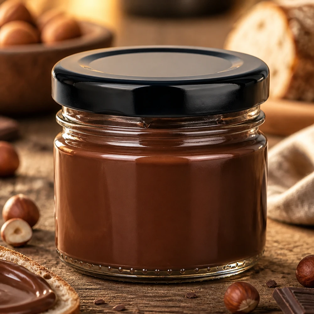 Kleines 33ml Schraubglas mit schwarzem Deckel gefüllt mit Schokoladencreme und Haselnüssen