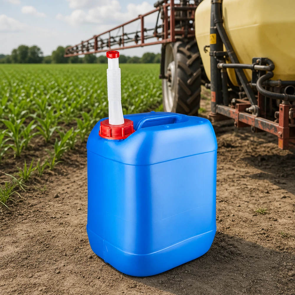 Kanister 20 Liter blau mit Auslaufrohr Flex HDPE Kanister 20 Liter blau mit weißem Auslaufrohr für Dünger und Agrochemikalien
