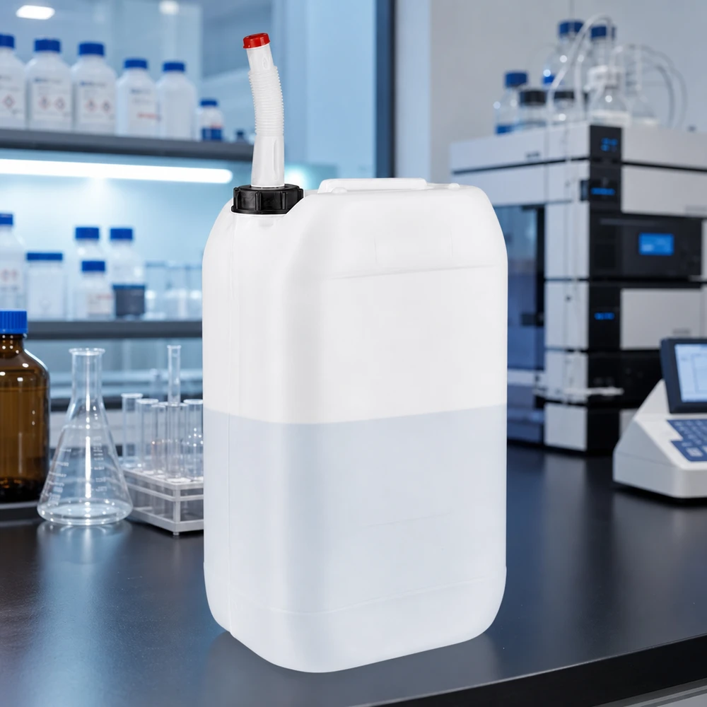 Bidon 15 litres avec tuyau d'écoulement Flex Bidon rectangulaire de 15 L avec bec verseur flexible posé sur une paillasse de laboratoire