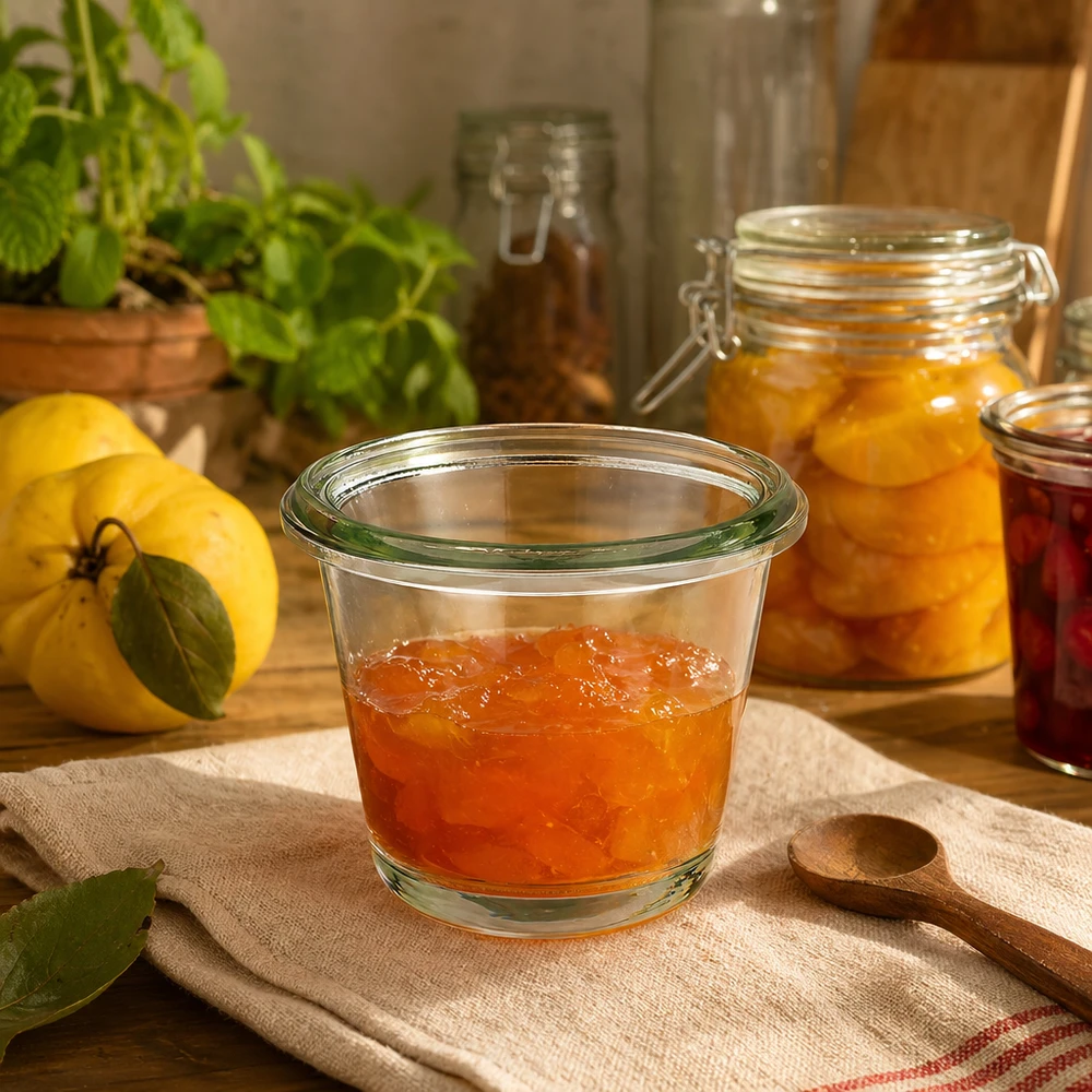 Barattolo da 80 ml per gourmet WECK RR60 Vaso da 80 ml WECK gourmet RR60 riempito di marmellata in una cucina rustica accanto a limoni freschi e altri vasi da conserva