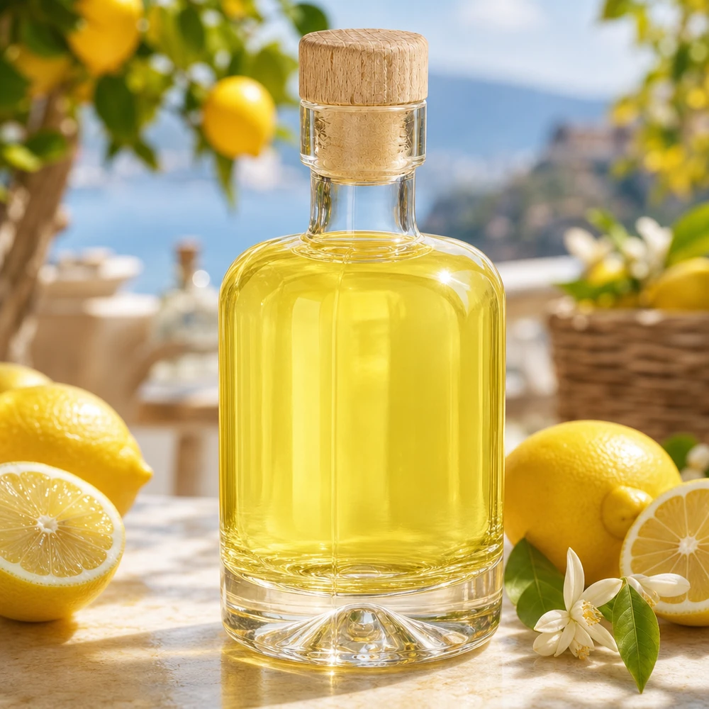 Bottiglia in vetro da 50 ml Amelie con tappo in sughero con impugnatura in legno UNiTWIST Bottiglia di vetro da 50 ml di Amelie riempita di liquore giallo tra limoni e fiori decorati in stile mediterraneo