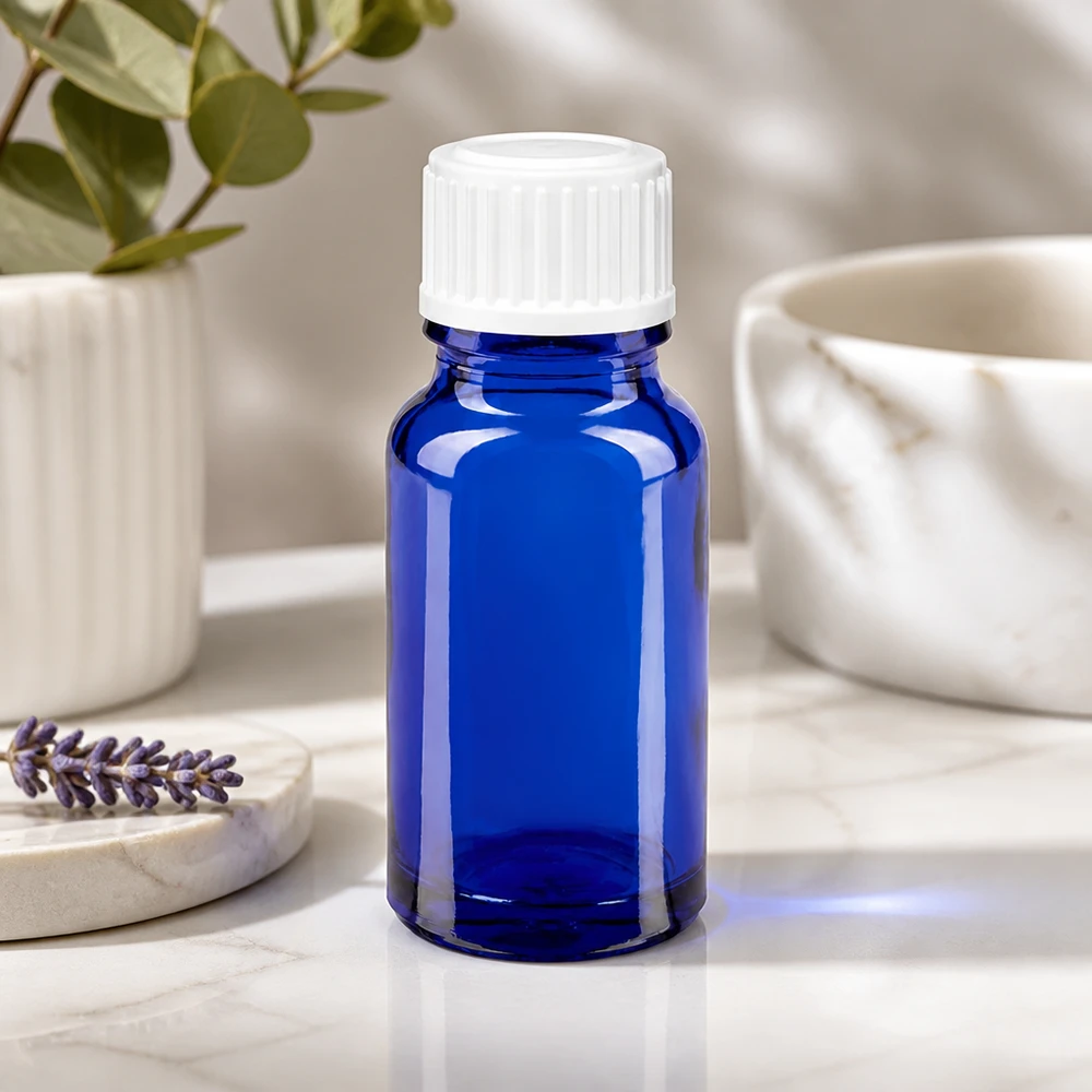 Apothekenflasche blau 10ml Schraubverschluss weiß Standard Runde blaue 10ml Glasflasche mit weißem Tropferverschluss für ätherische Öle