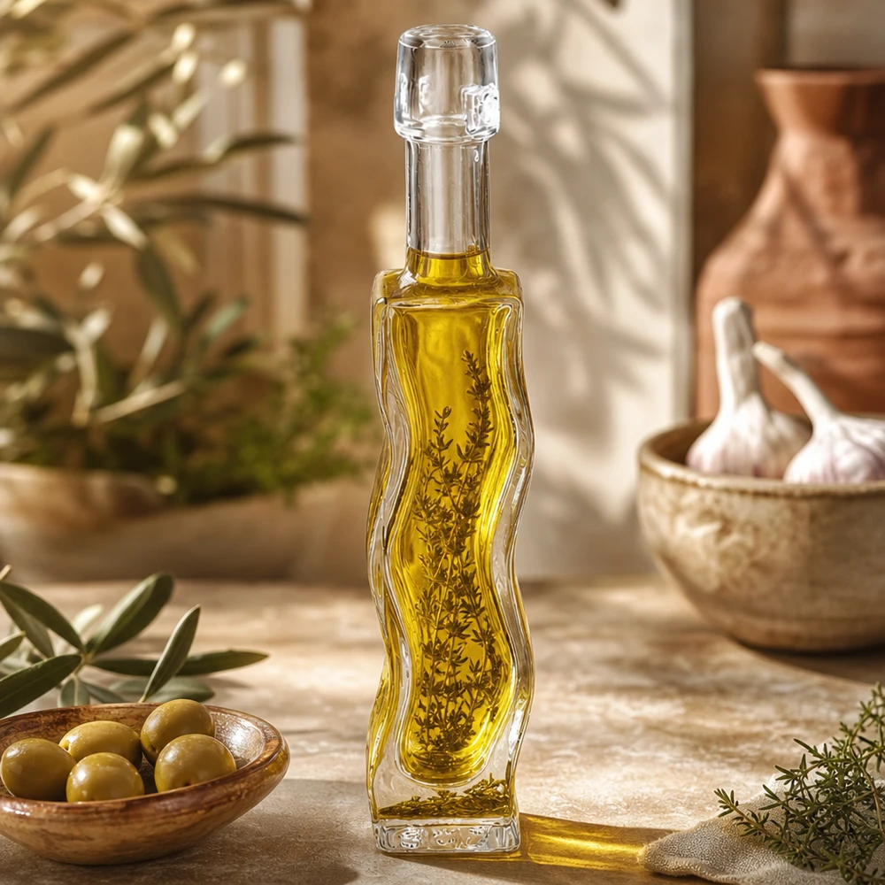 Bottiglia di vetro da 40 ml Anna riempita con olio d'oliva ed erbe aromatiche Esempio di utilizzo Cucina Decorazione mediterranea