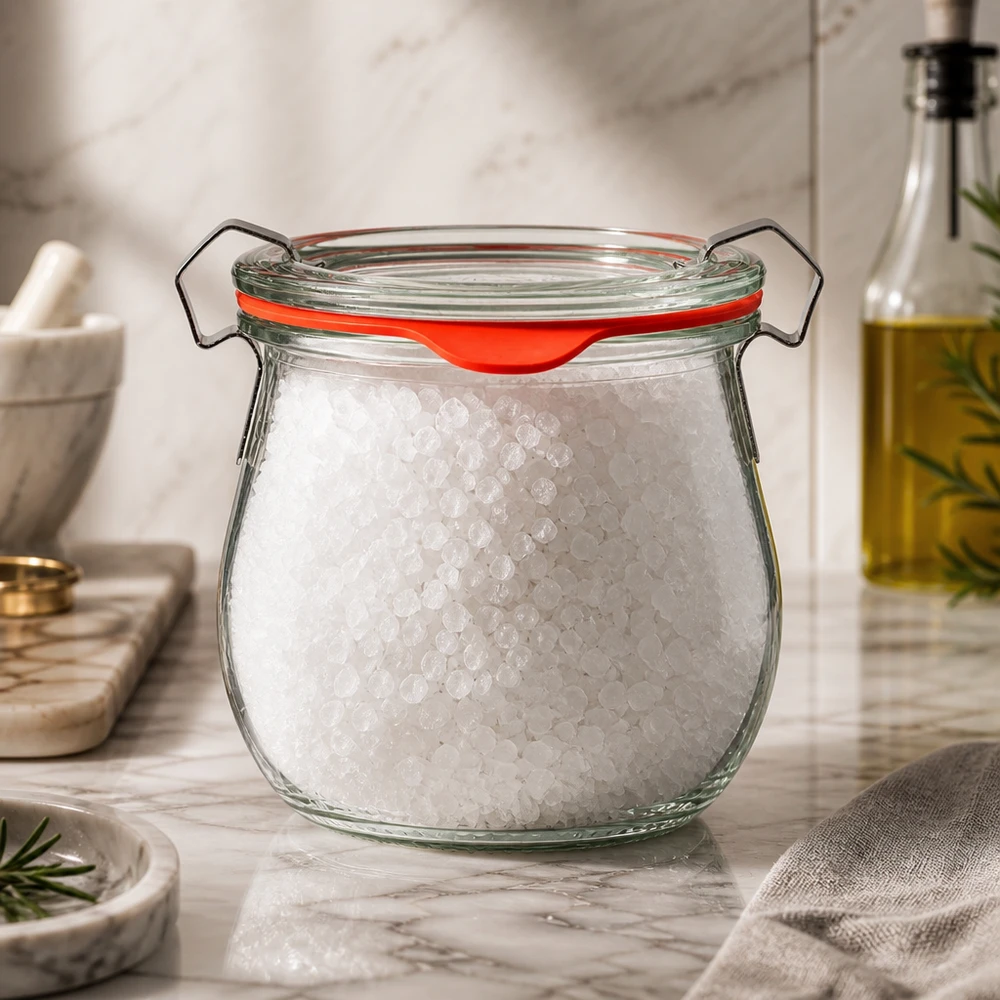 Vaso a tulipano WECK Mini da 220 ml con sale marino bianco – Contenitore in vetro per la conservazione delle scorte su un tavolo in marmo