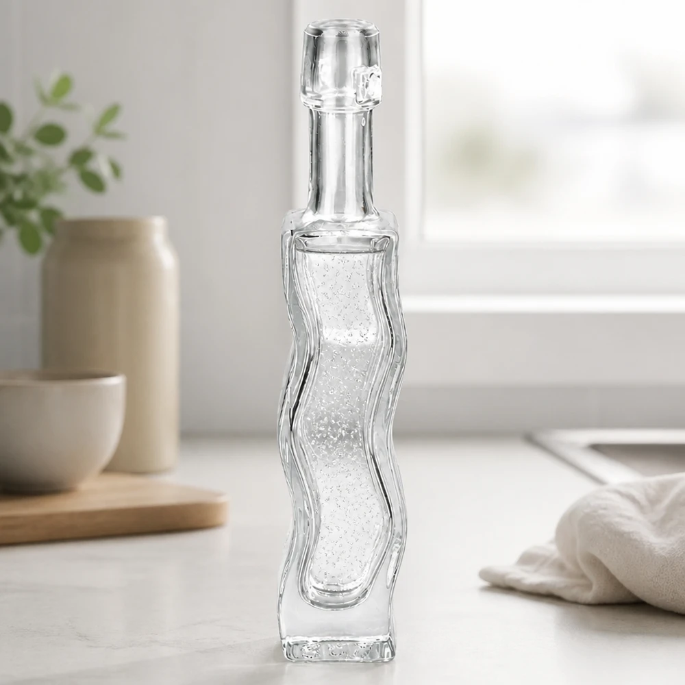 Bottiglia di vetro da 40 ml Anna con motivo a rilievo ondulato senza tappo a battente trasparente vuoto ambiente bagno vista laterale